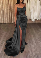 Crystal | Black Orange Mermaid Corset Strapless Formal Dress with Slit - Black - PromDressClub